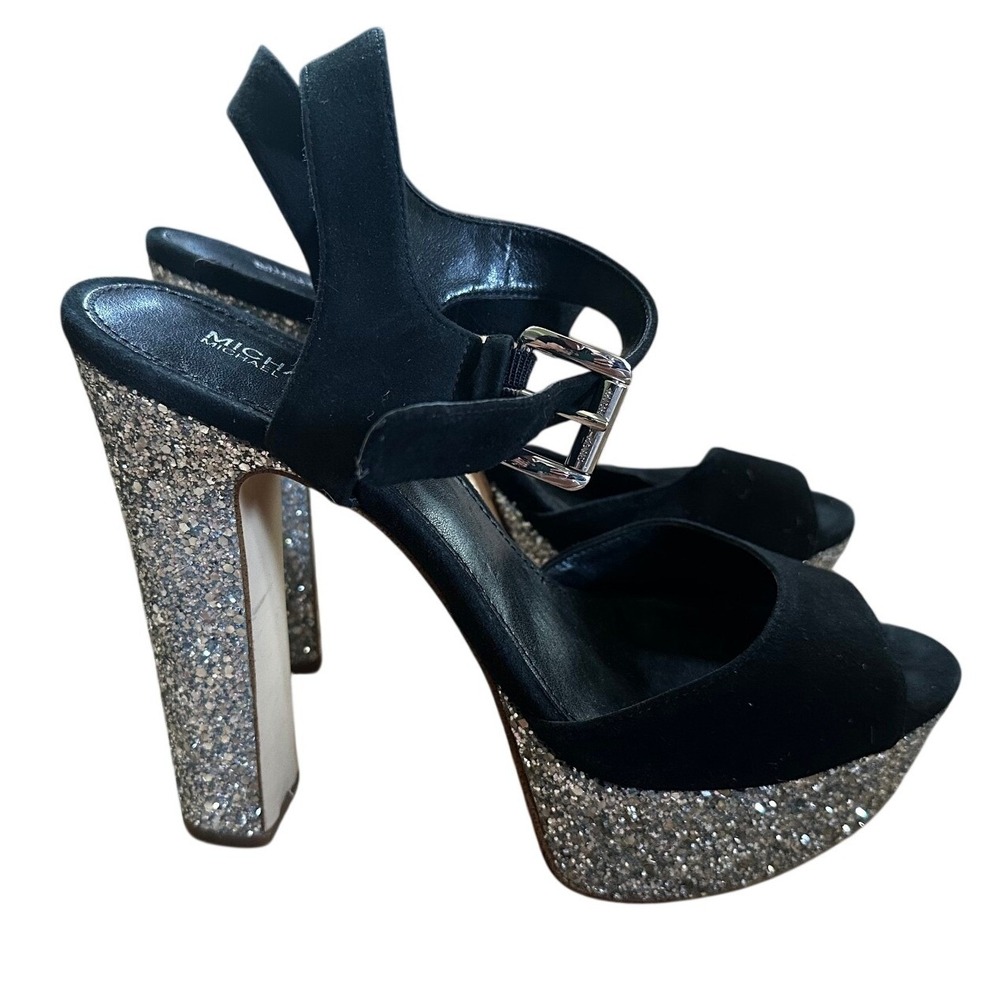 Michael Kors Black Suede Silver Glitter Platform Block Heel Sandals Women's 9 - Picture 2 of 5